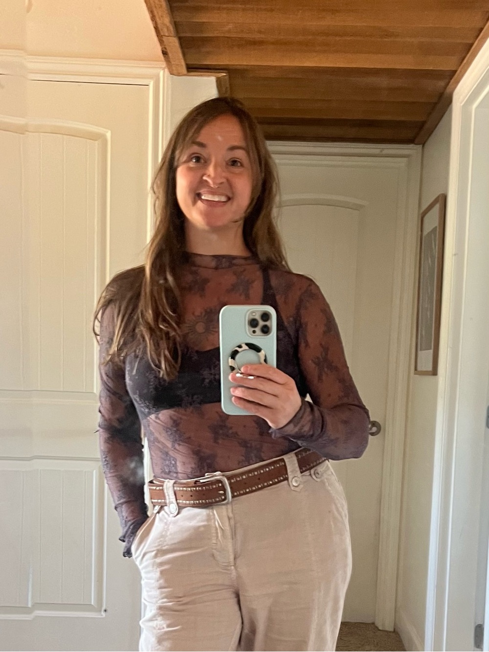 Free People Semi-Sheer Floral Mesh Long-Sleeve Top in Dark Brown Large
